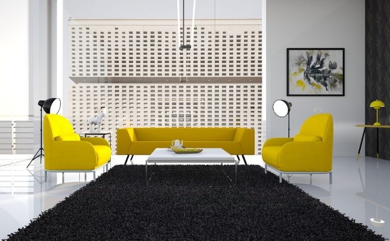 black carpet yellow furniture living room